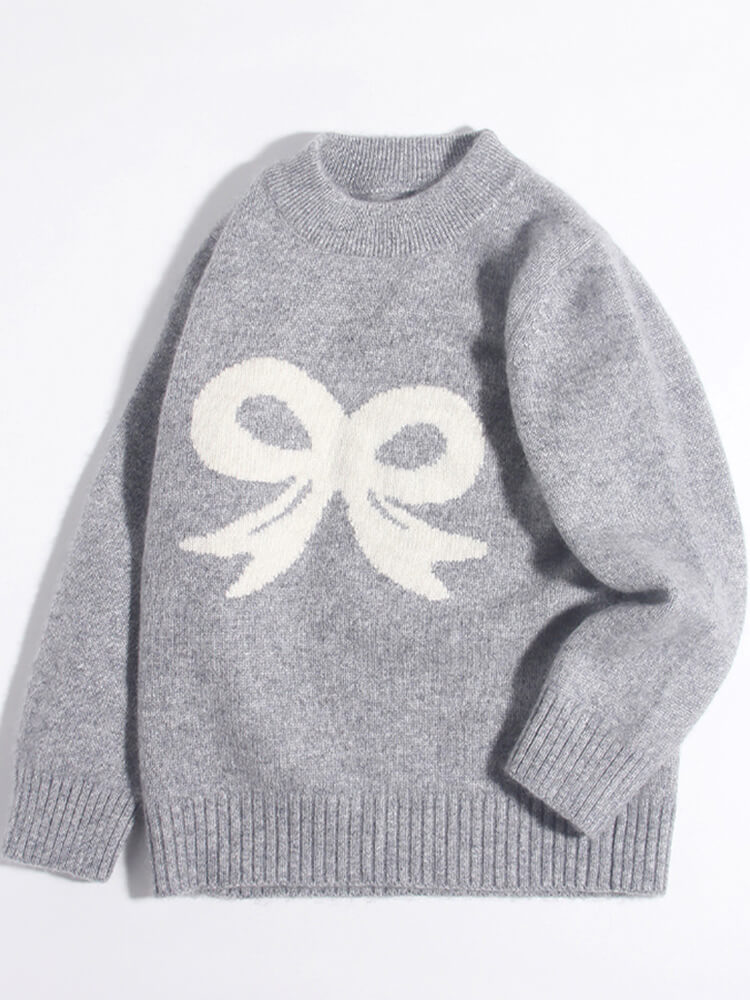 (image for) Gray Ribbon Bow Intarsia Cashmere Crewneck Sweater